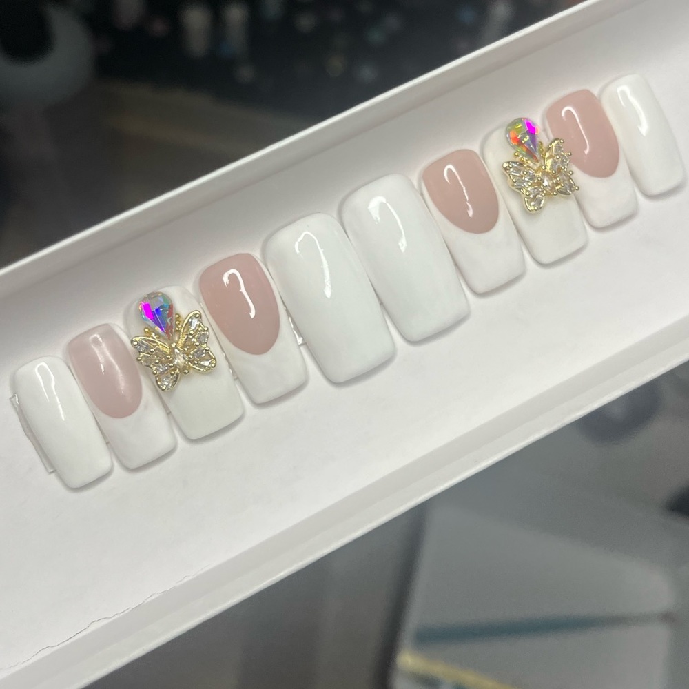 French Tip Butterfly Rhinestone Acrylic Handmade Press-on Nails